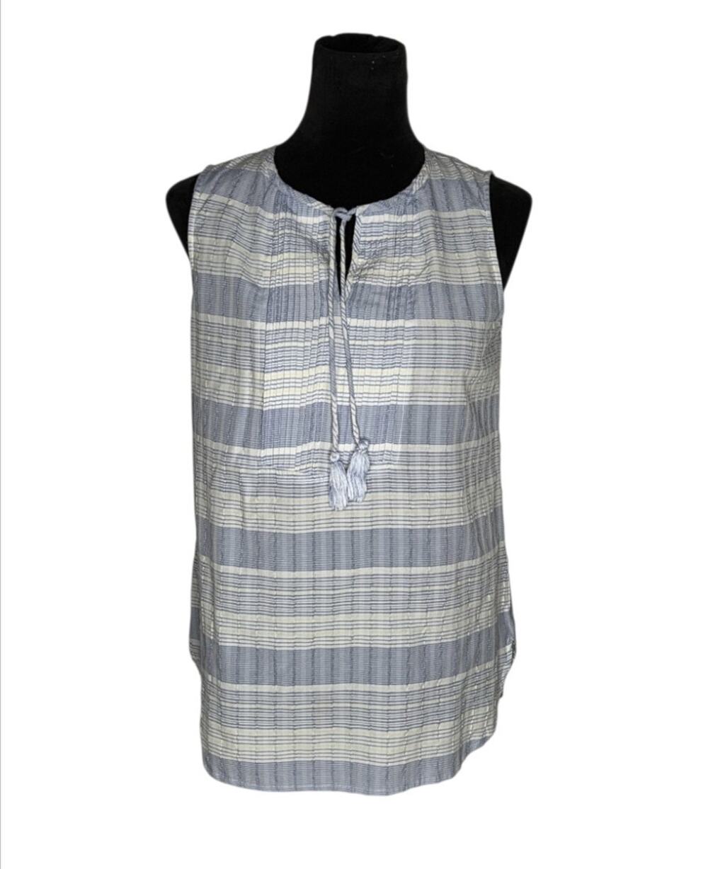 J McLaughlin Cotton Blend Striped Sleeveless Tassel Tie Preppy Blouse Top Size S